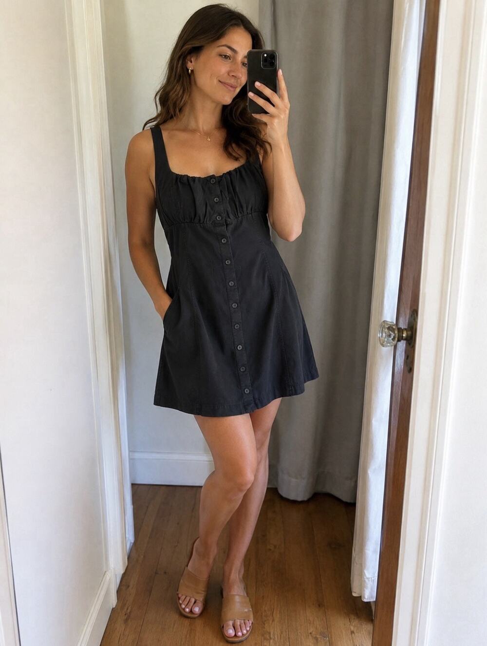 Gap Gray Button Front Baby Doll Mini Dress Sz M Petite Square Neck NWT